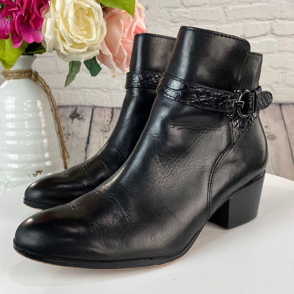 Coach Shoes - COACH Paulina Black Leather Embossed Snake Belt Booties